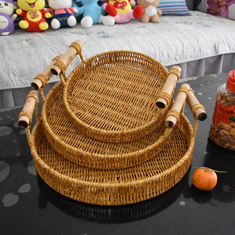 Handcrafted Natural Woven Serving Tray Set Kalsten