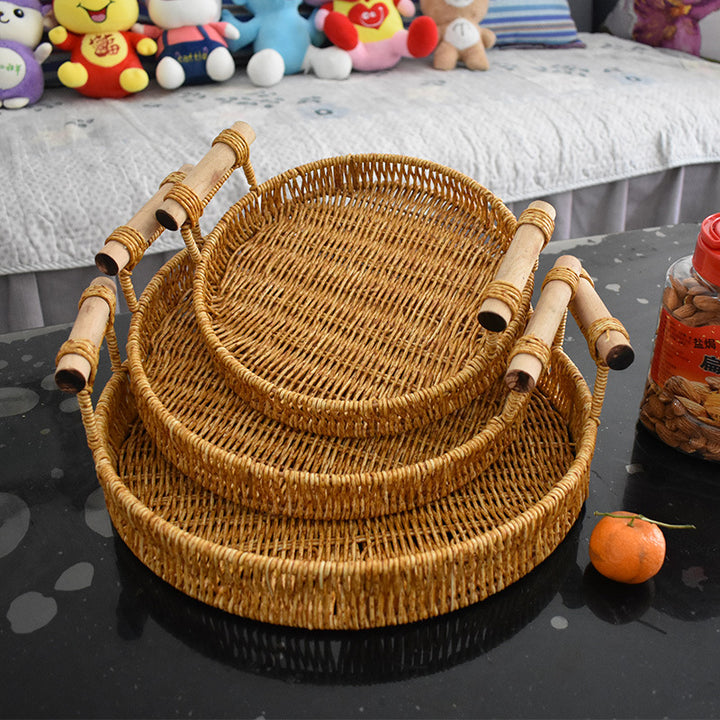 Handcrafted Natural Woven Serving Tray Set Kalsten