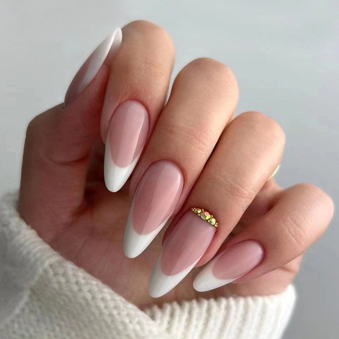 Elegant artificial nails with stylish French design and glitter accents Kalsten