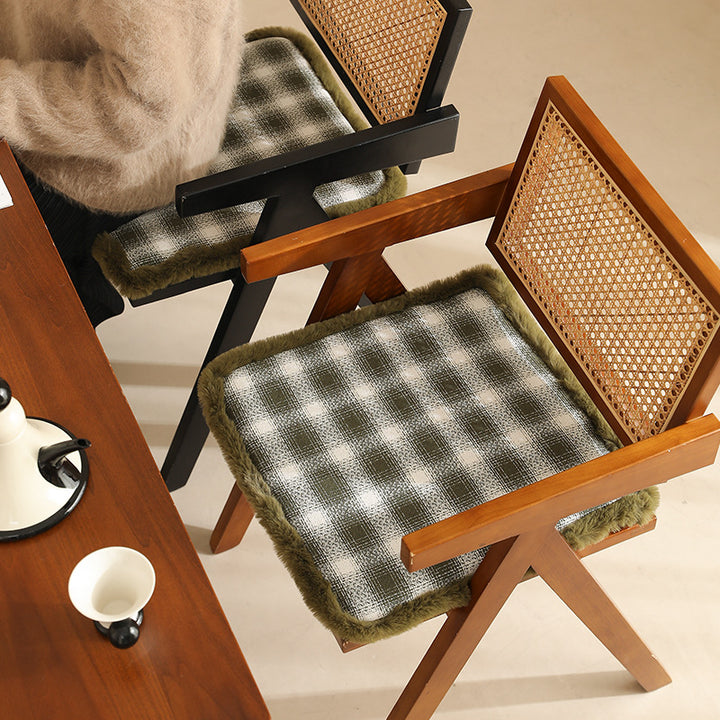 Padded checked chair cushion with faux fur border Kalsten