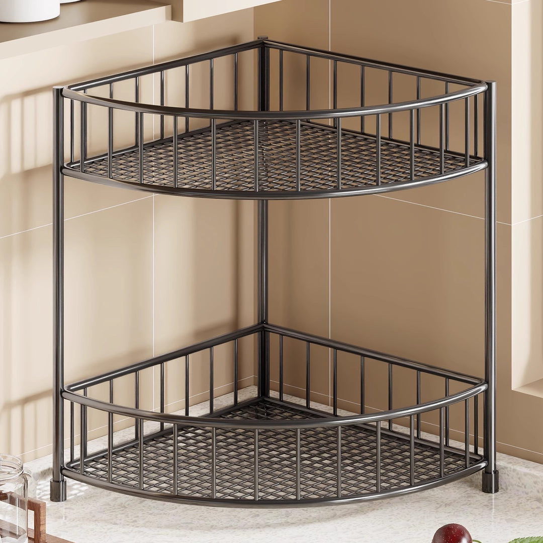 Three-Tier Rounded Corner Kitchen Storage Rack with Raised Rails and Mesh Shelves