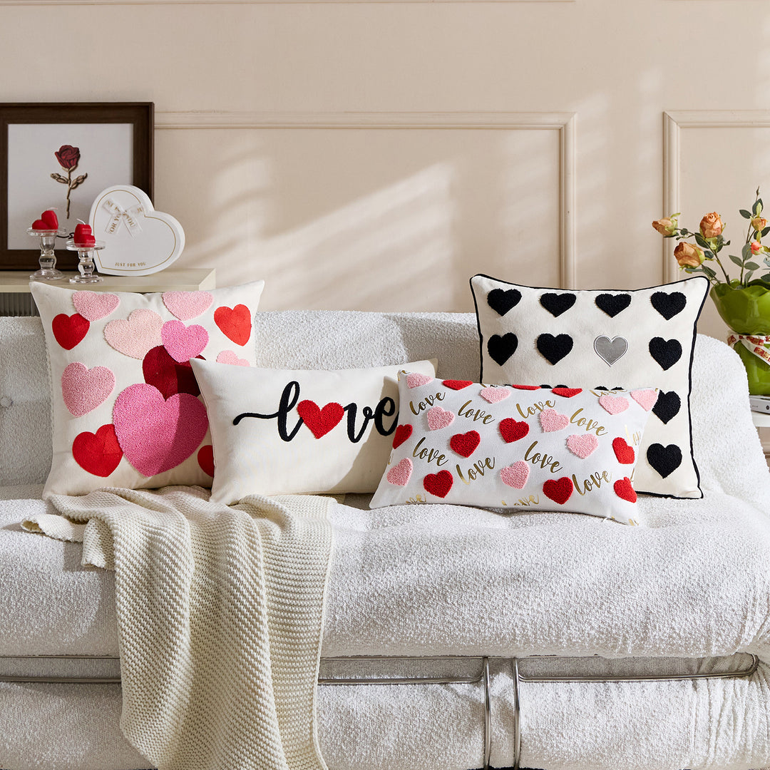 Embroidered Script Love Lumbar Pillow Cover with Tufted Heart