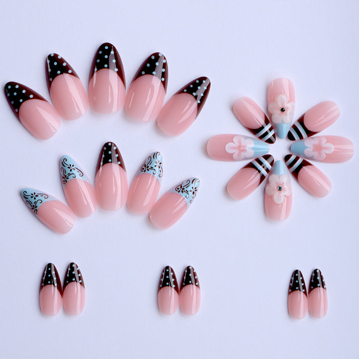 Artificial nails with creative floral design and elegant accent colors Kalsten