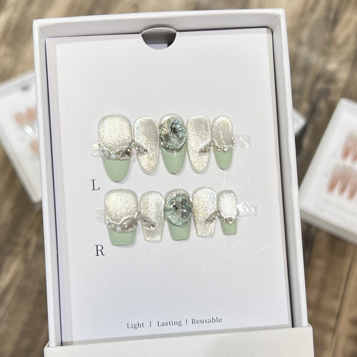 Glamorous Reusable Press-On Nail Set with Gemstone Accents Kalsten
