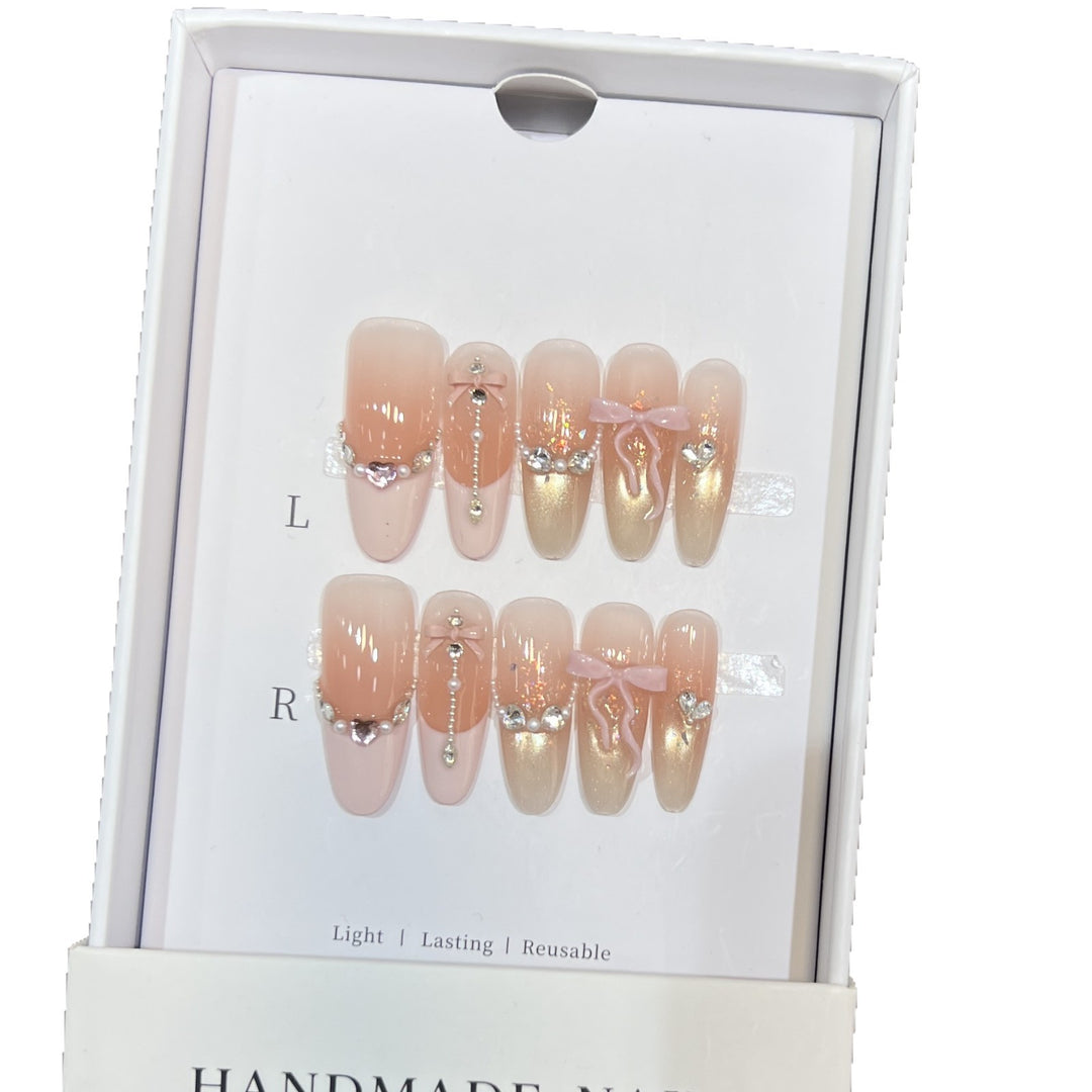 Decorative Stiletto Press-On Nail Art Set with Elegant Ribbons and Gems Kalsten