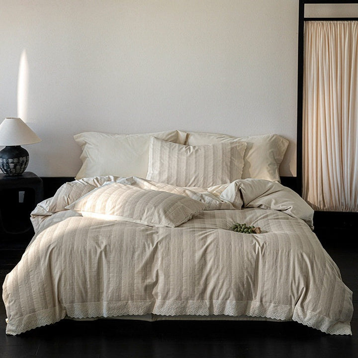 Light cotton-linen duvet cover set with fine longitudinal stripe texture and lace hem