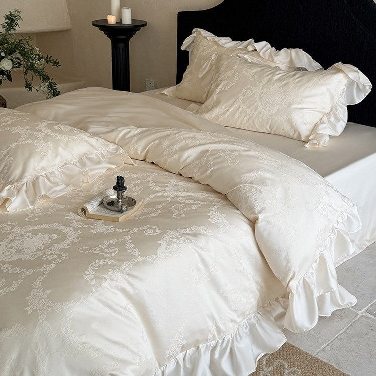 Elegant bedding set with jacquard floral pattern, frill and soft cotton satin