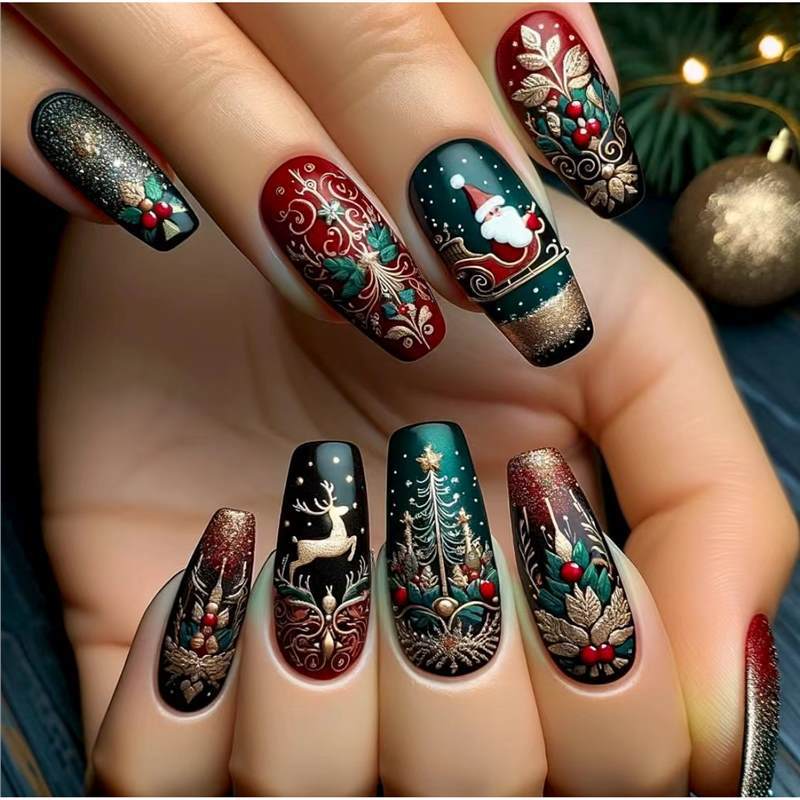 Festive Holiday-Themed Press-On Nail Art Set Kalsten