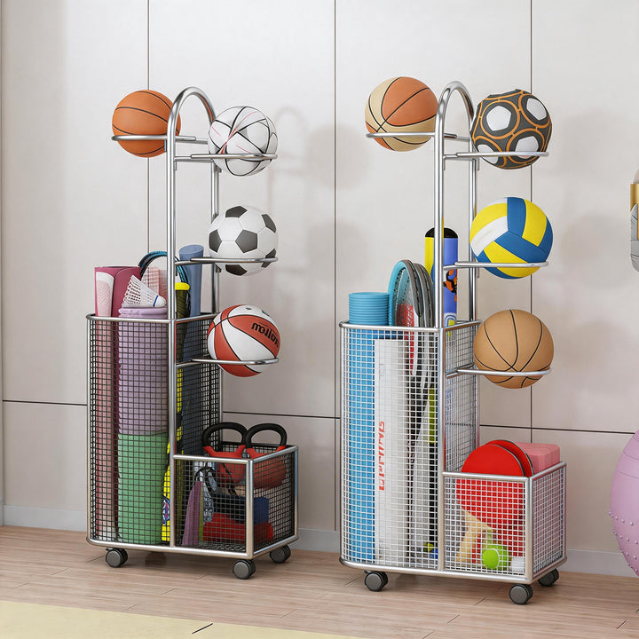 Rolling Sports Equipment Organizer Cart with Ball Cradles and Mesh Storage Baskets