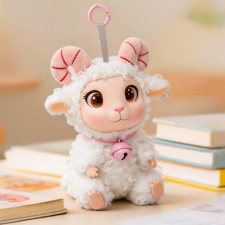 Plush Ram Keychain Charm with Curly Faux-Fur, Sculpted Face, Bell Necklace and Metal Ring Kalsten
