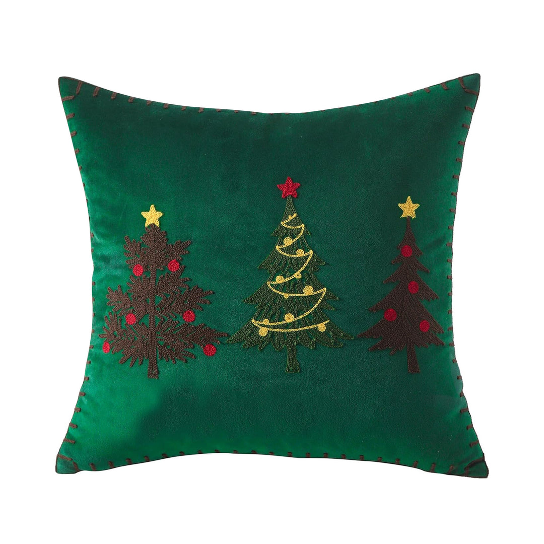 Plush Velvet Square Accent Pillow Cover with Hand-Stitched Christmas Tree Embroidery and Blanket-Stitch Edge