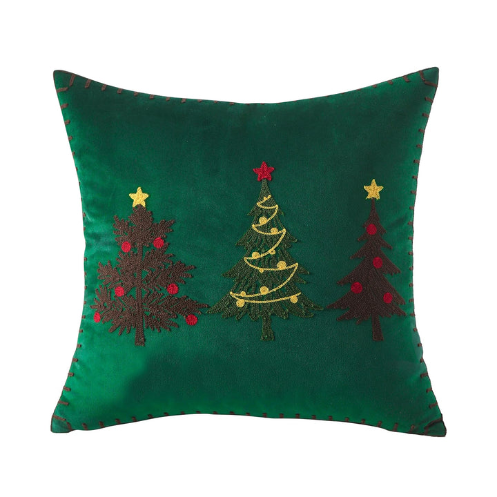 Plush Velvet Square Accent Pillow Cover with Hand-Stitched Christmas Tree Embroidery and Blanket-Stitch Edge