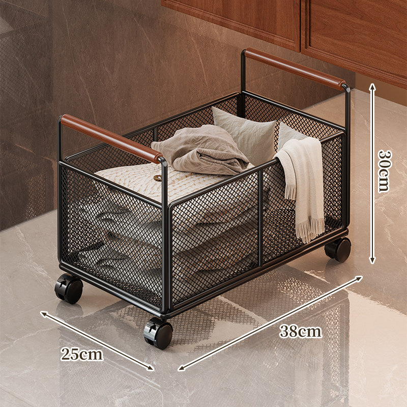 Rectangular Ventilated Metal Mesh Storage Basket with Wooden Grip Handles