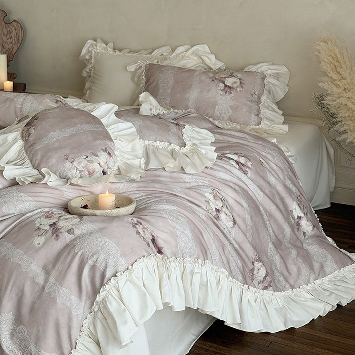 Romantic Ruffled Bed Linen Set with Lace Stripes and Floral Motif