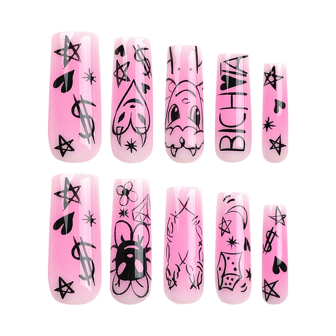Artificial nail set with playful cartoon motif and shimmering accents Kalsten