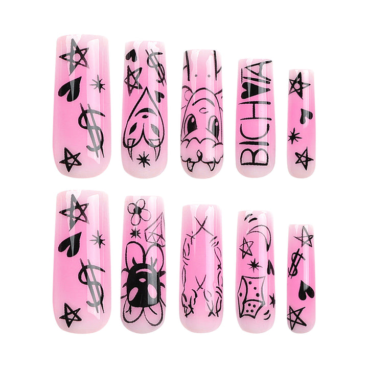 Artificial nail set with playful cartoon motif and shimmering accents Kalsten