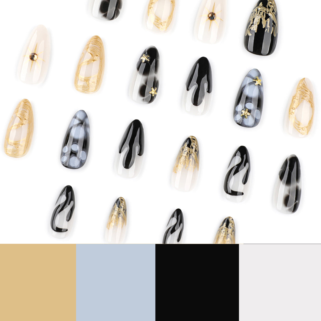 Elegant Stiletto Artificial Nails with Gold Accents and Modern Designs Kalsten