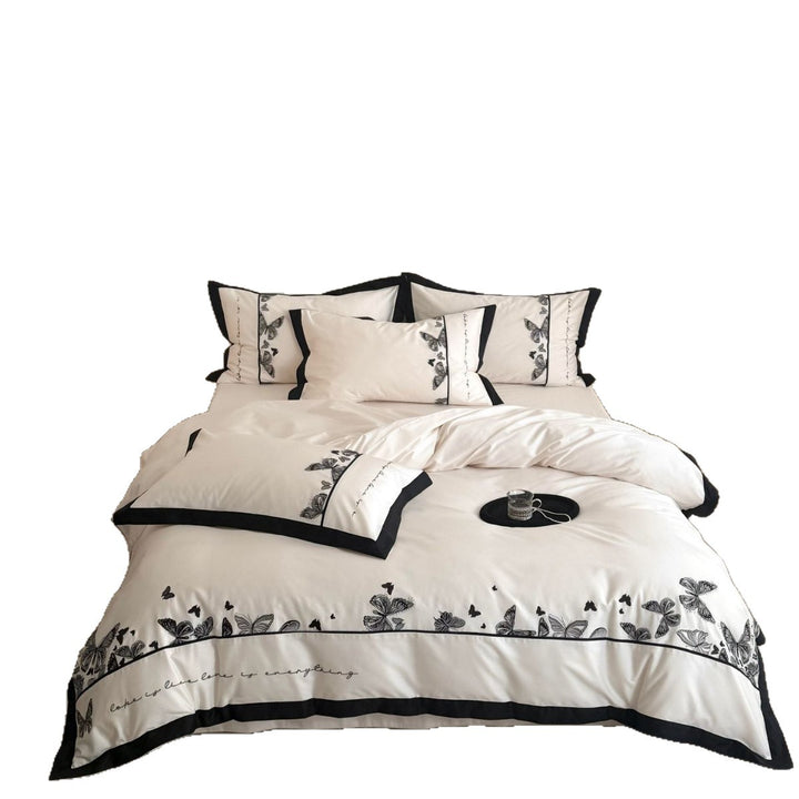 Luxurious cotton satin bedding set with butterfly embroidery and contrasting piping Kalsten