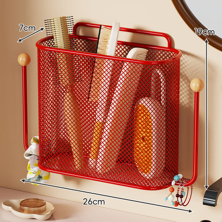 Wall-Mounted Mesh Bathroom Storage Basket with Dual Hooks and Integrated Handle