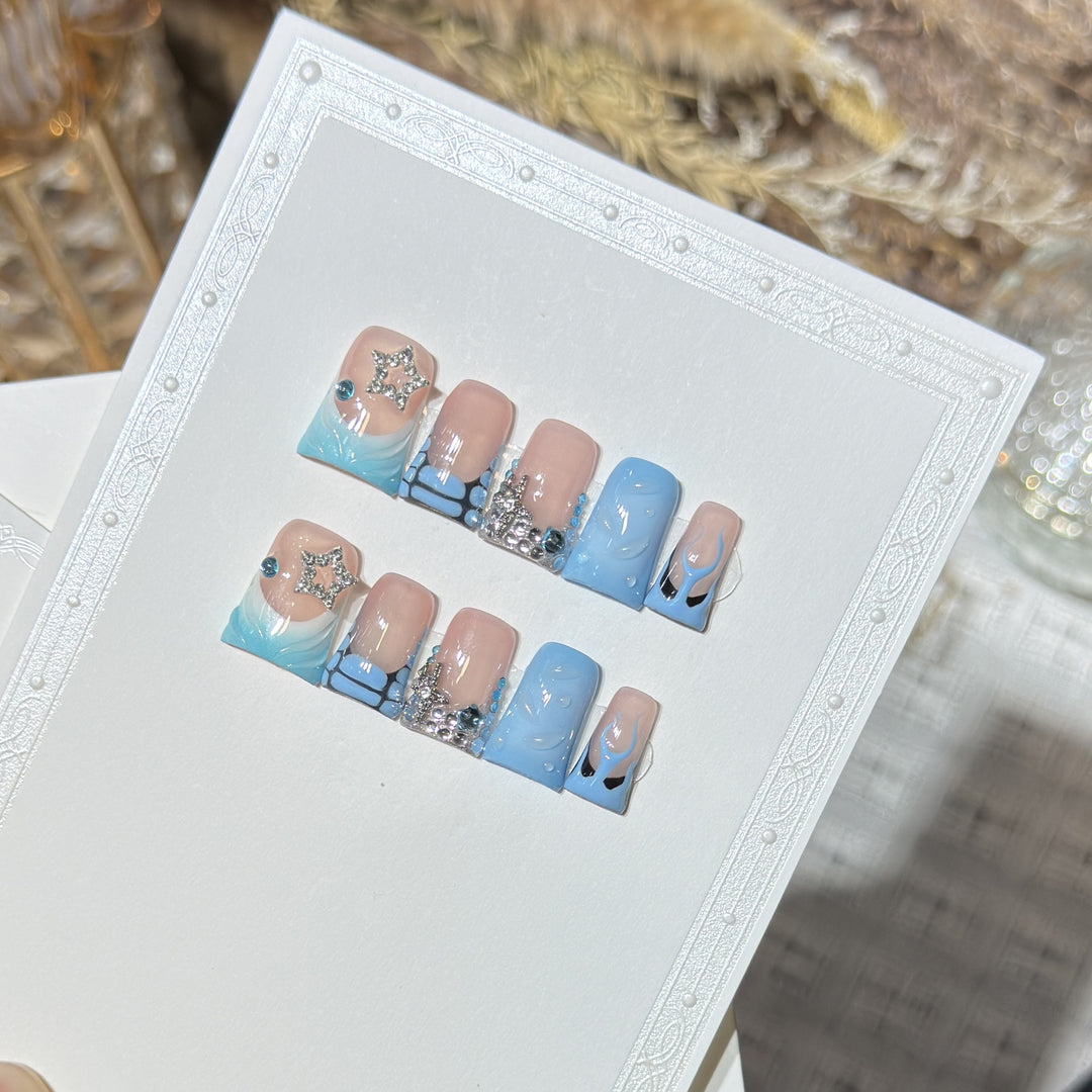 Decorative Press-On Nail Art Set with Ocean-Inspired Design Kalsten