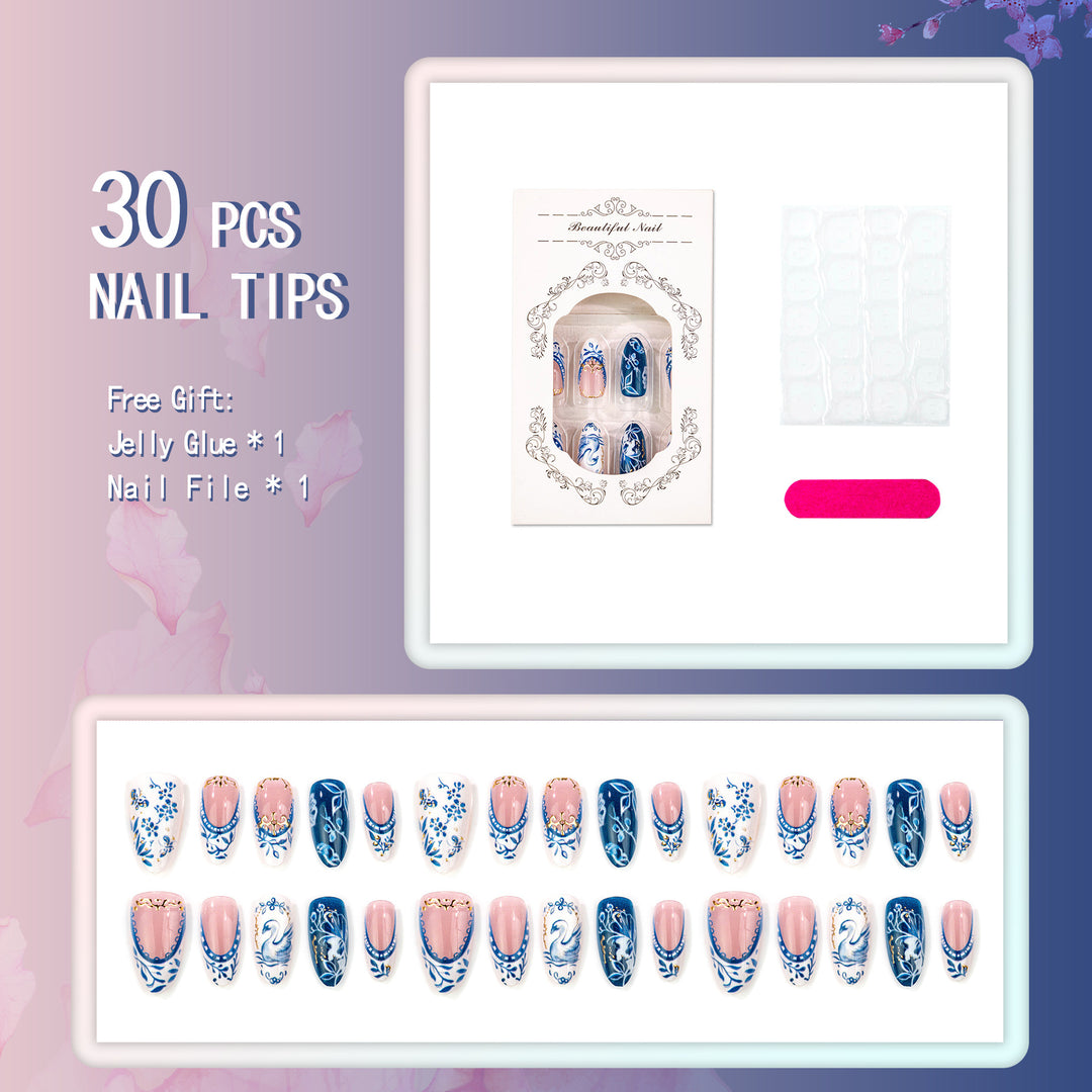 Elegant Floral and Swan Press-On Nail Design