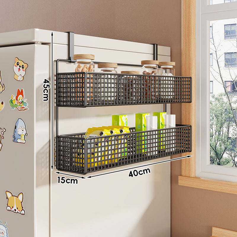 Over-Refrigerator Vertical Hanging Mesh Storage Rack with Deep Baskets and Hook Rail