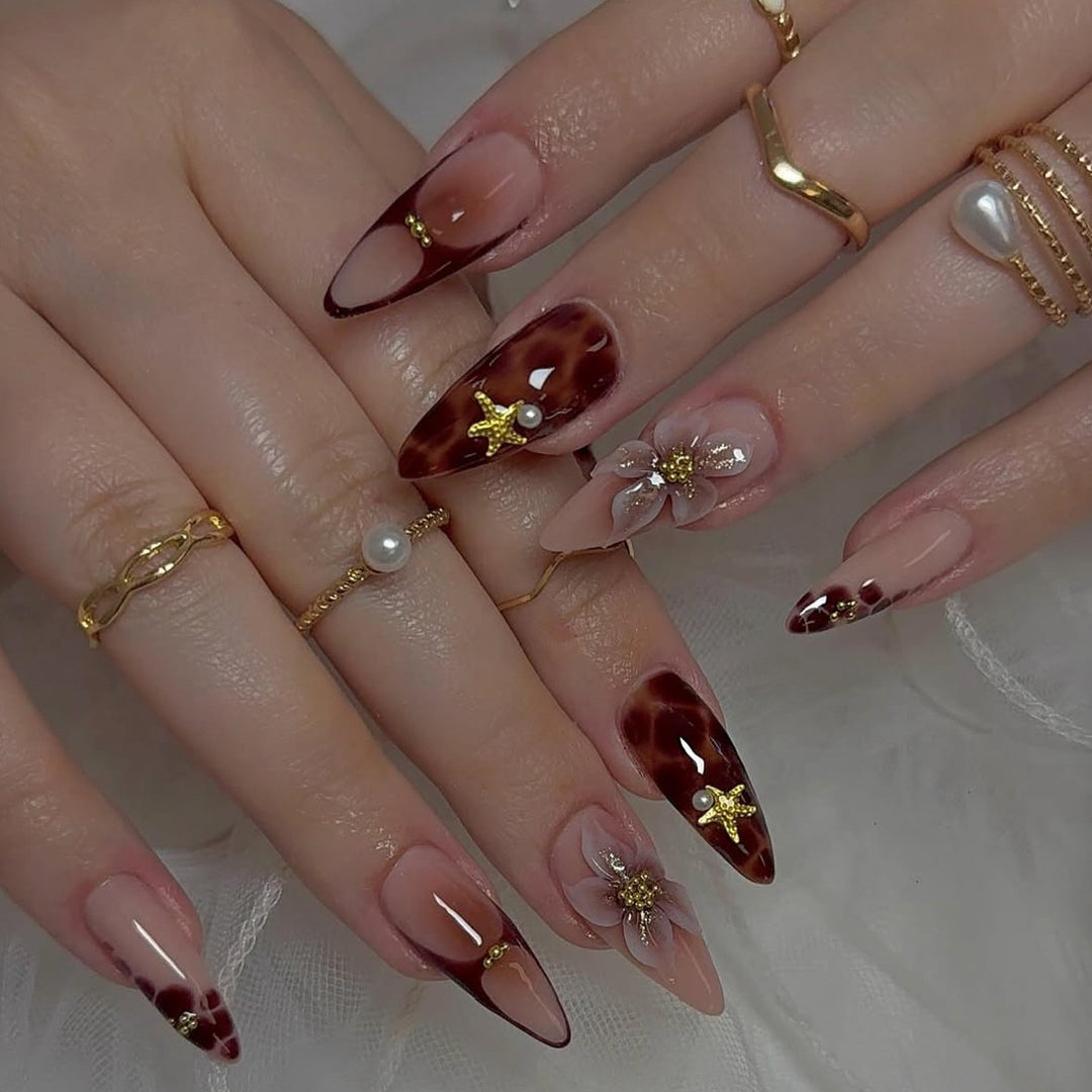 Stiletto Nail Art Extensions with Floral and Star Accents Kalsten