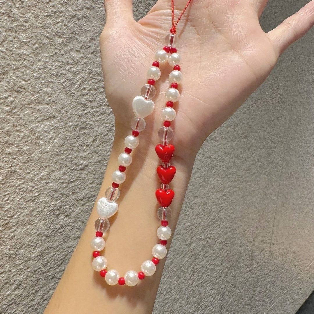 Pearl and Heart Beaded Phone Lanyard Kalsten