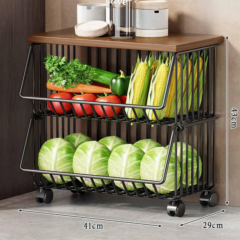 Slim Vertical Rolling Wire Produce and Pantry Organizer Cart with Wood Top