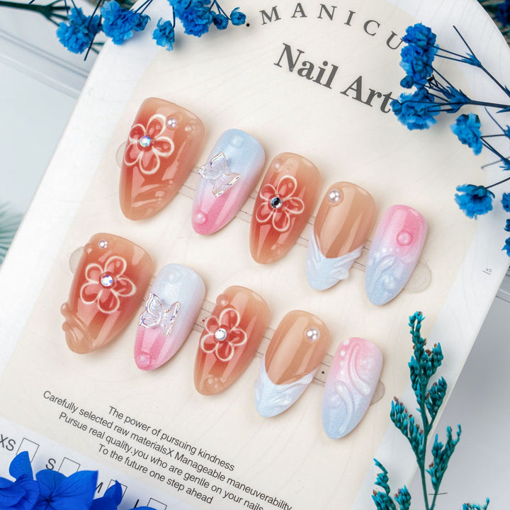 Handmade Press-On Nail Set with Floral and Butterfly Designs