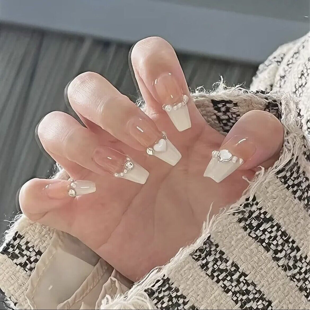 Elegant Press-On Nail Art Set with Pearl and Heart Accents Kalsten