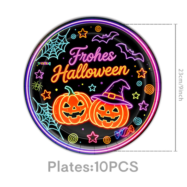 Complete Halloween Party Table Decoration Set with Neon Pumpkin Design Disposable Dinnerware and Garland