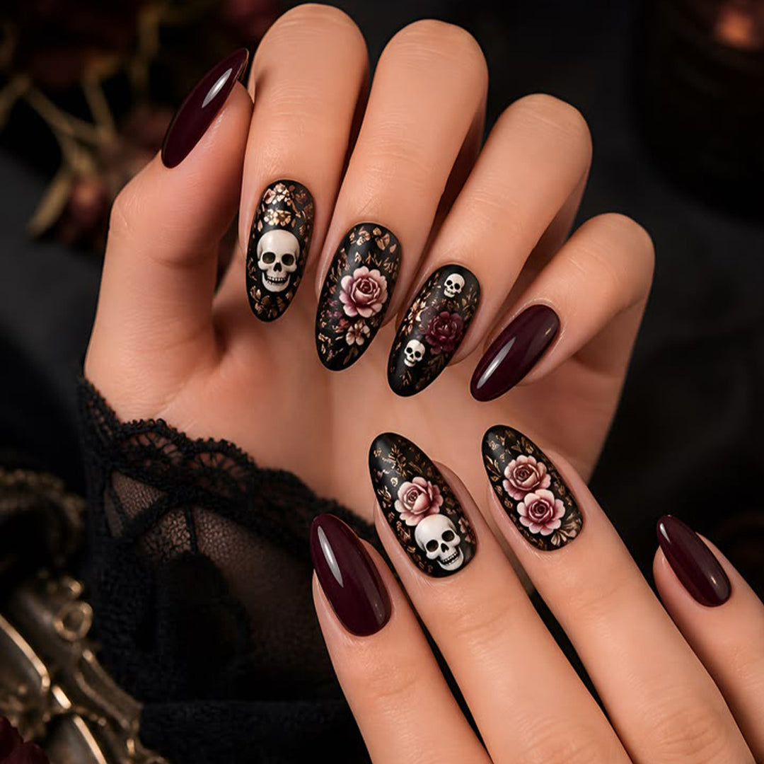 Gothic Floral and Skull Accent Nail Art Extensions Kalsten