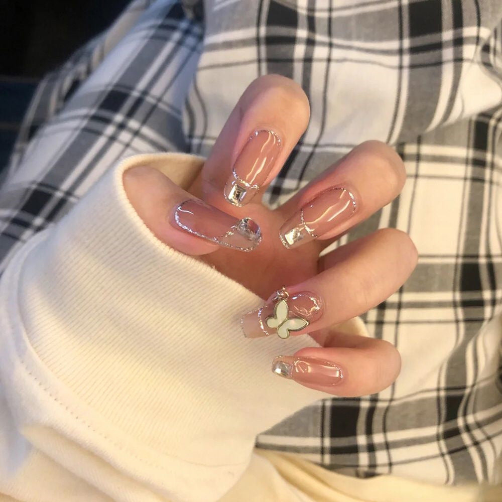 Elegant Press-On Nail Art Set with Butterfly Accents