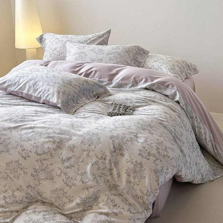 Premium cotton satin duvet cover set with floral jacquard relief and button closure