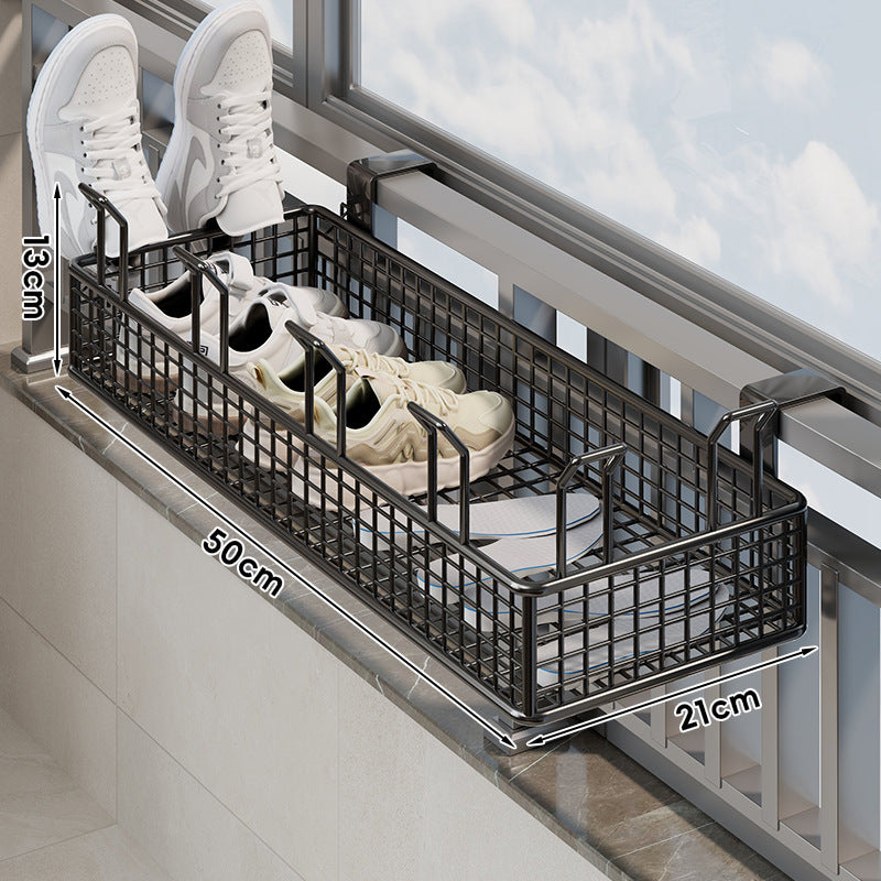 Window-Rail Hanging Shoe Storage Basket with Ventilated Grid and Adjustable Clamp Hooks