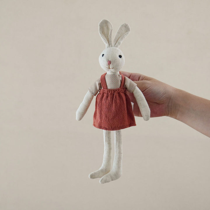 Handmade Linen Bunny Soft Cloth Doll with Embroidered Overalls