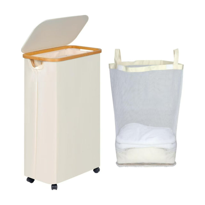 High-quality laundry container with bamboo lid and practical carrying handle Kalsten