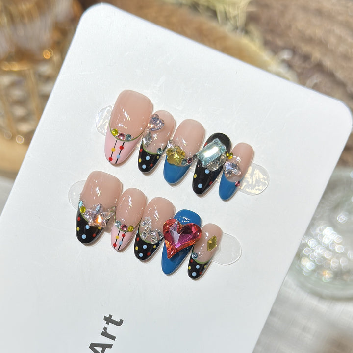 Artistic Press-On Nail Set with Colorful Jewel Accents Kalsten