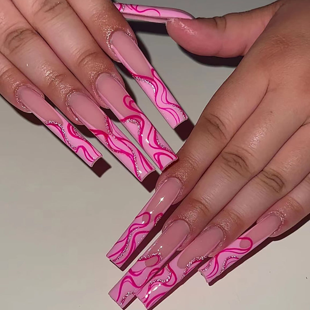 Long Stiletto Press-On Nail Extensions with Abstract Wave Design Kalsten