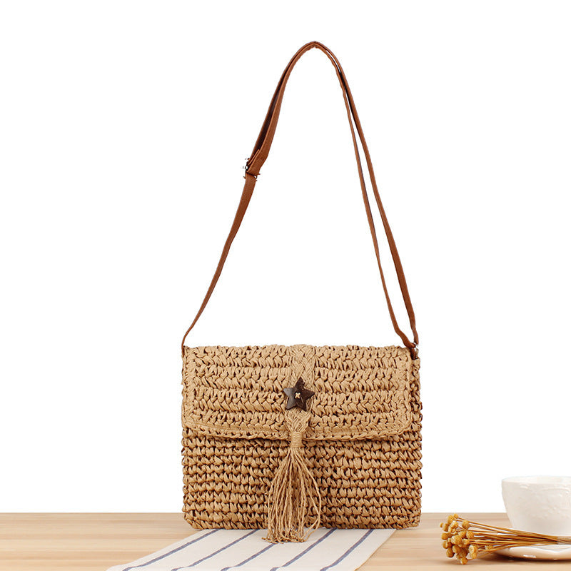 Handmade macrame shoulder bag with tassels and leather accents Kalsten