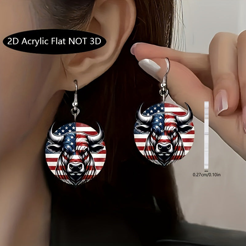 Women's nan Acrylic Flat Patriotic Bull Head Round Dangle Earrings with Fishhook Alloy Findings Kalsten