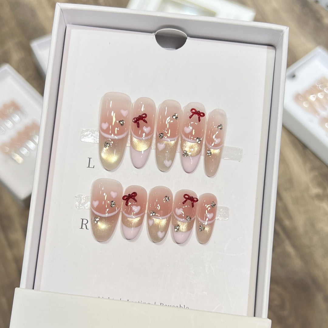 Decorative Press-On Nail Set with Heart and Bow Accents Kalsten