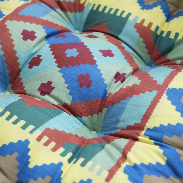 Padded seat and floor cushion with carrying handle and graphic ethno pattern Kalsten