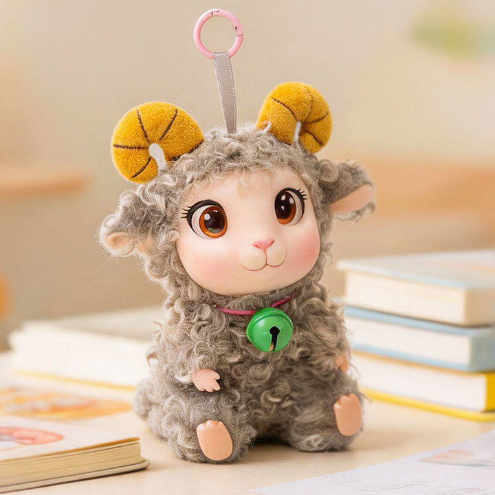 Plush Ram Keychain Charm with Curly Faux-Fur, Sculpted Face, Bell Necklace and Metal Ring Kalsten