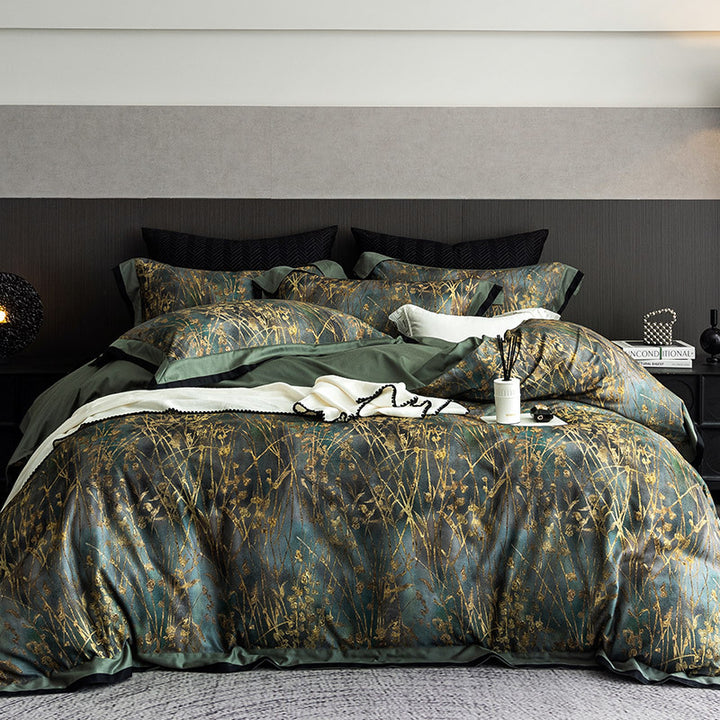 Luxurious bedding set made of cotton satin with delicate grass print and satin hem