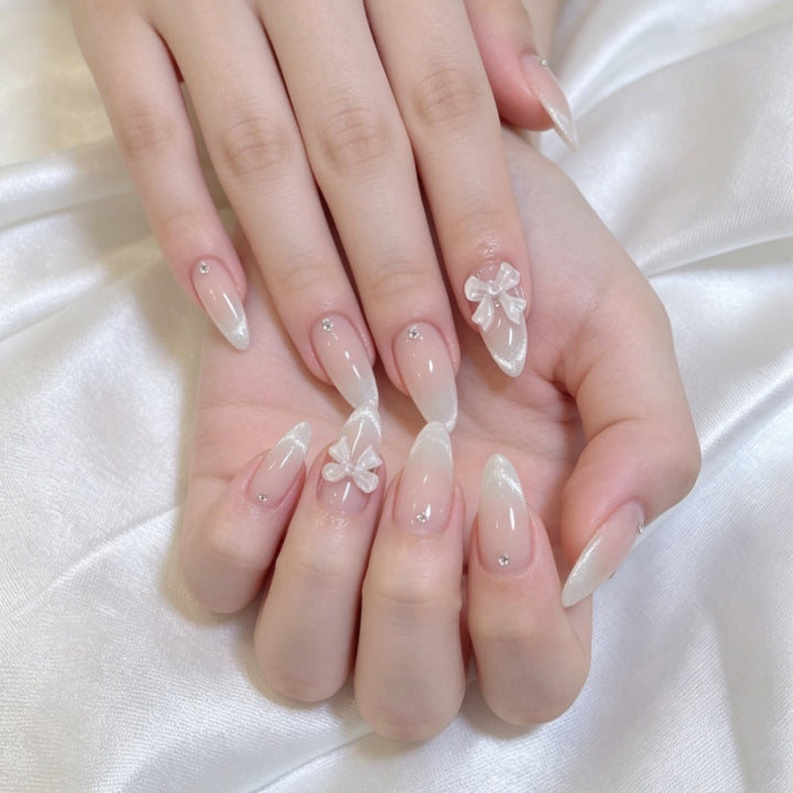 Elegant Press-On Nail Set with Decorative Bow and Rhinestone Accents Kalsten