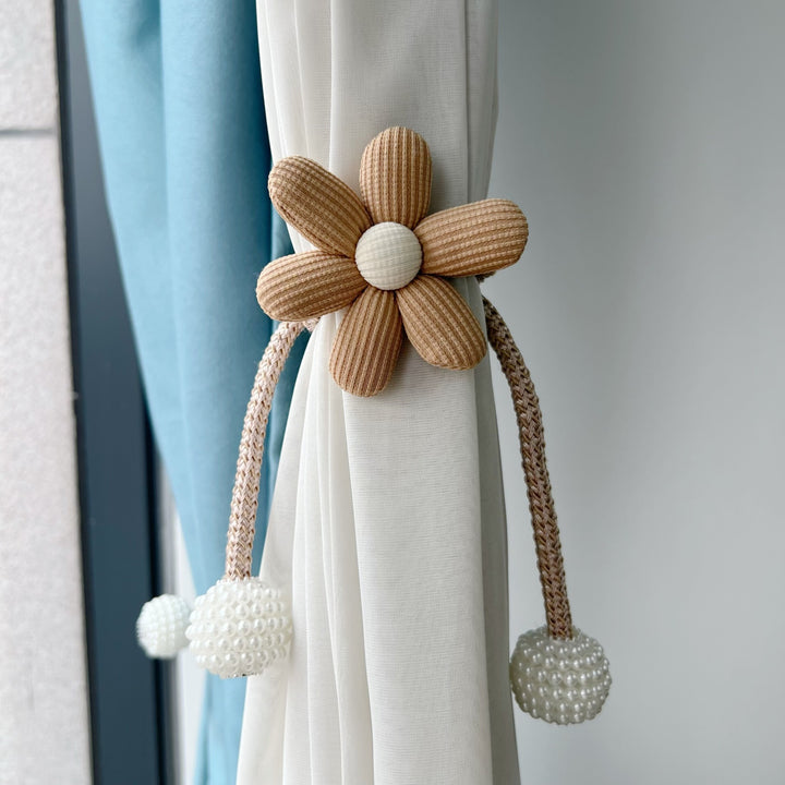 Decorative Magnetic Curtain Tieback with Fabric Flower and Pearl Bead Tassels