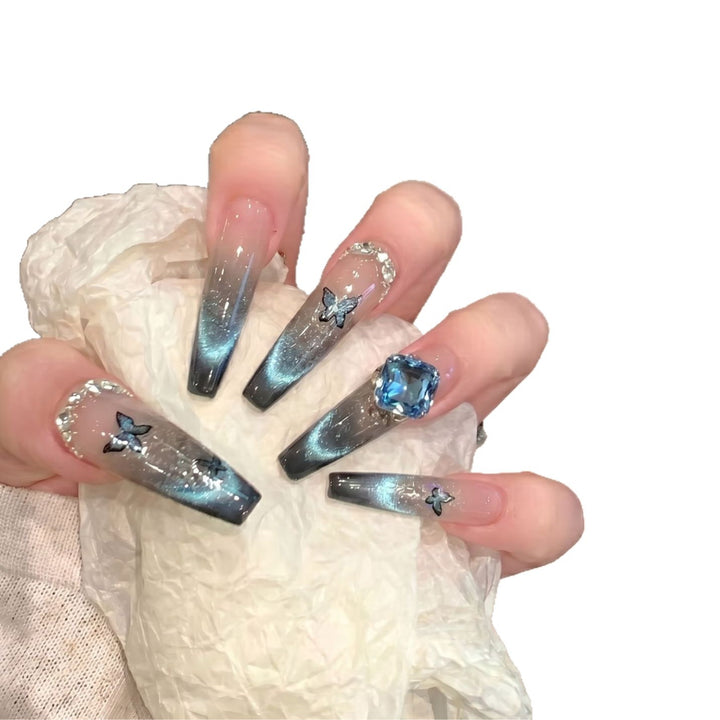Artistic Ombre Press-On Nail Art Set with Butterfly and Gemstone Accents Kalsten
