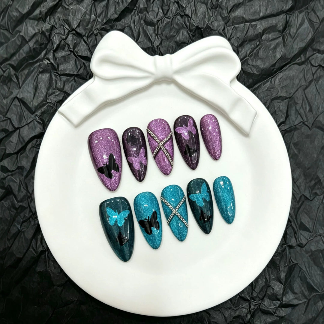 Artistic Press-On Nail Set with Butterfly Motifs